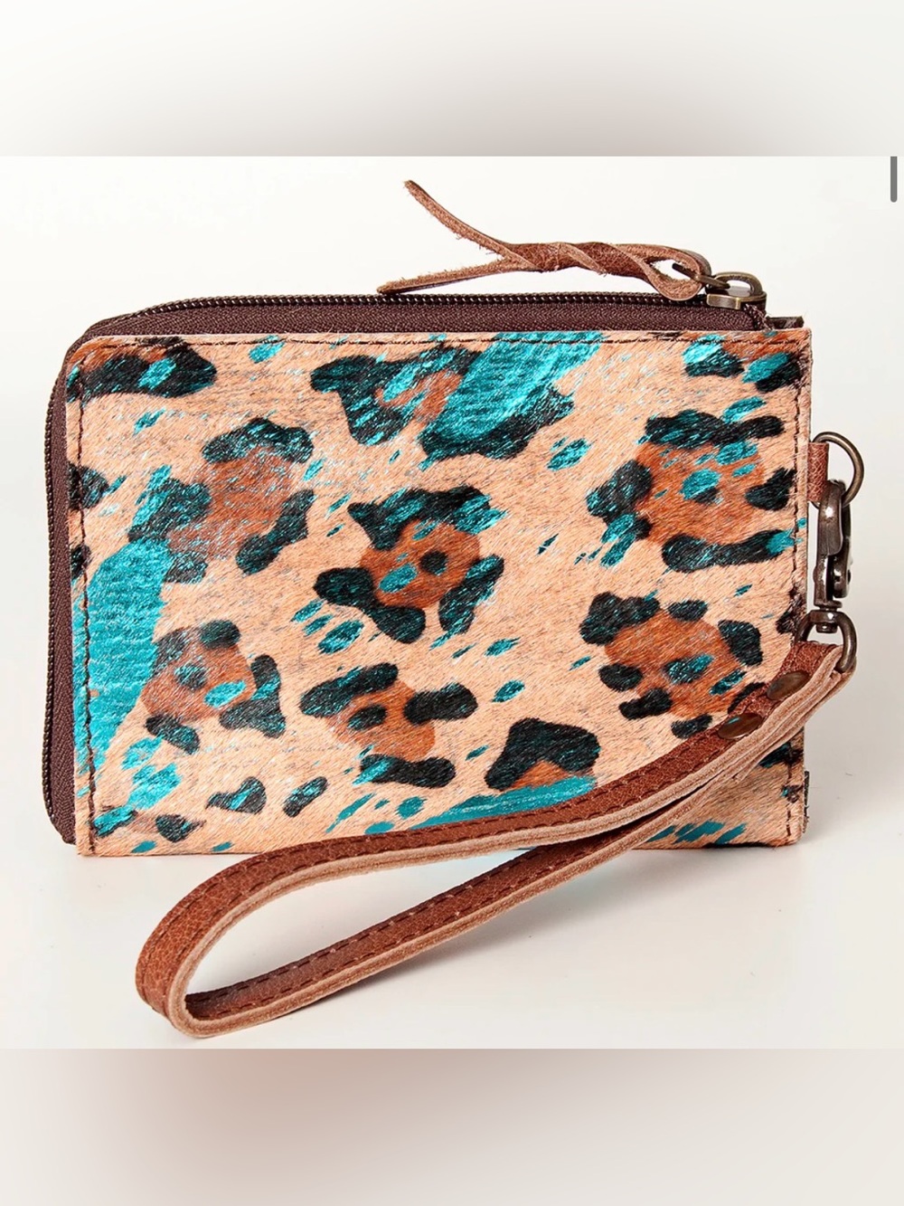 Western Wristlet Leopard Print Wristlet Wallet - Teal & Brown - Picture 2 of 4